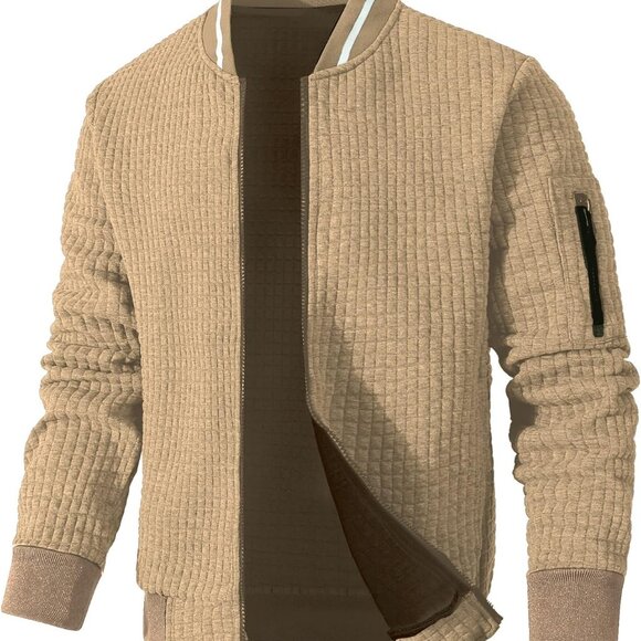 Versatile Men's Casual Bomber Jacket - Khaki, Perfect for Spring & Fall - Picture 1 of 5